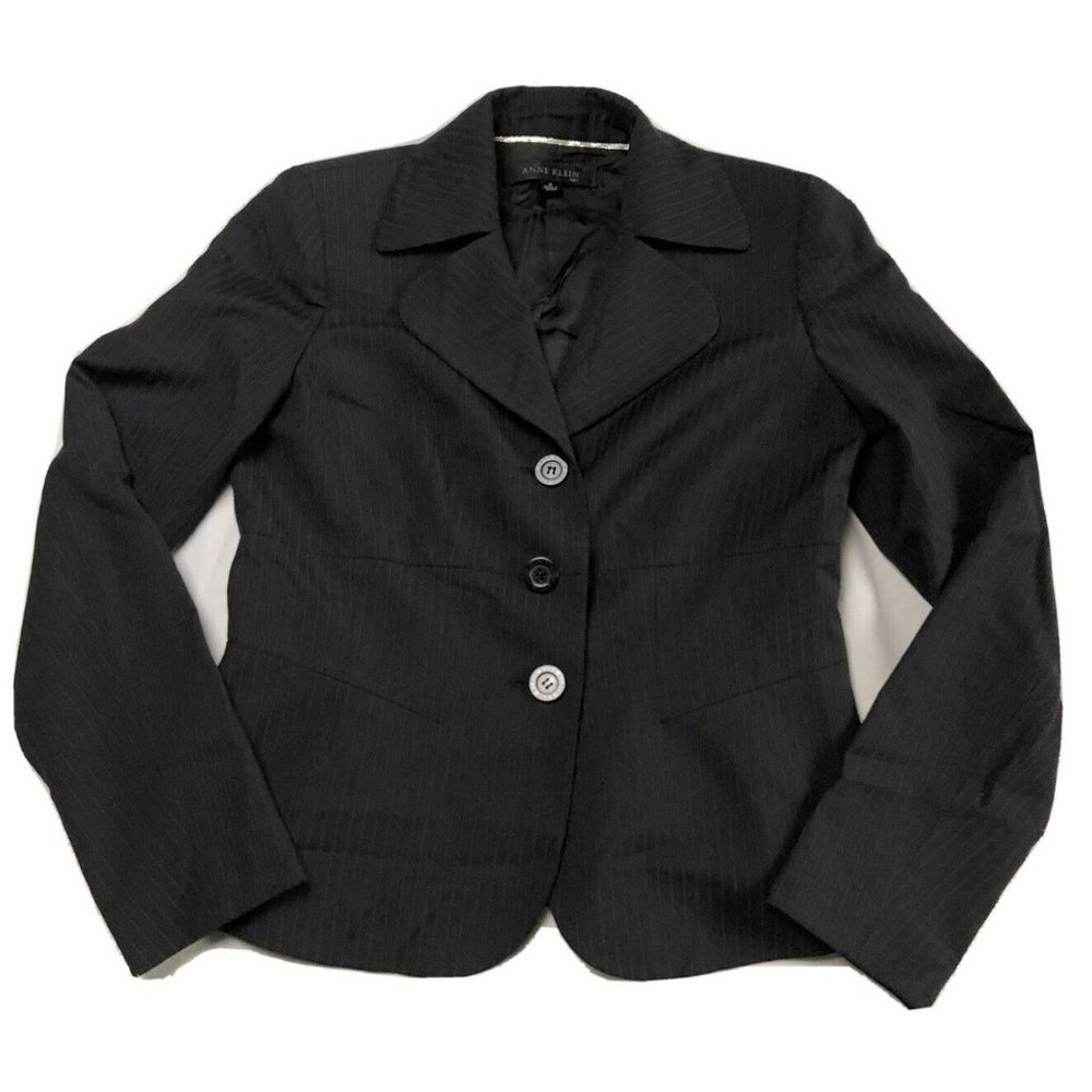Ann Klein Women Blazer Top Suit Dark Gray Striped Three Button Size 4